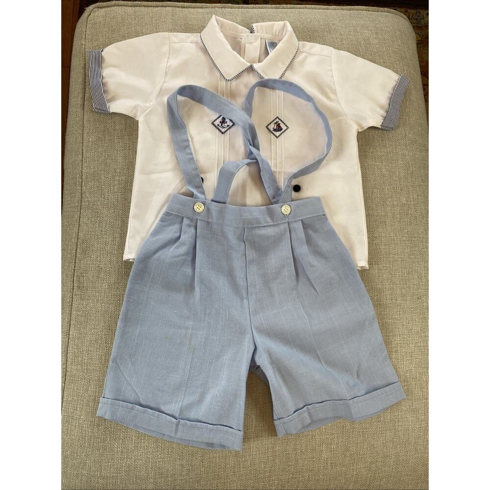 Good Lad Vintage Blue Bib Overall Shorts 4T USA Nautical Shortalls Set Shirt